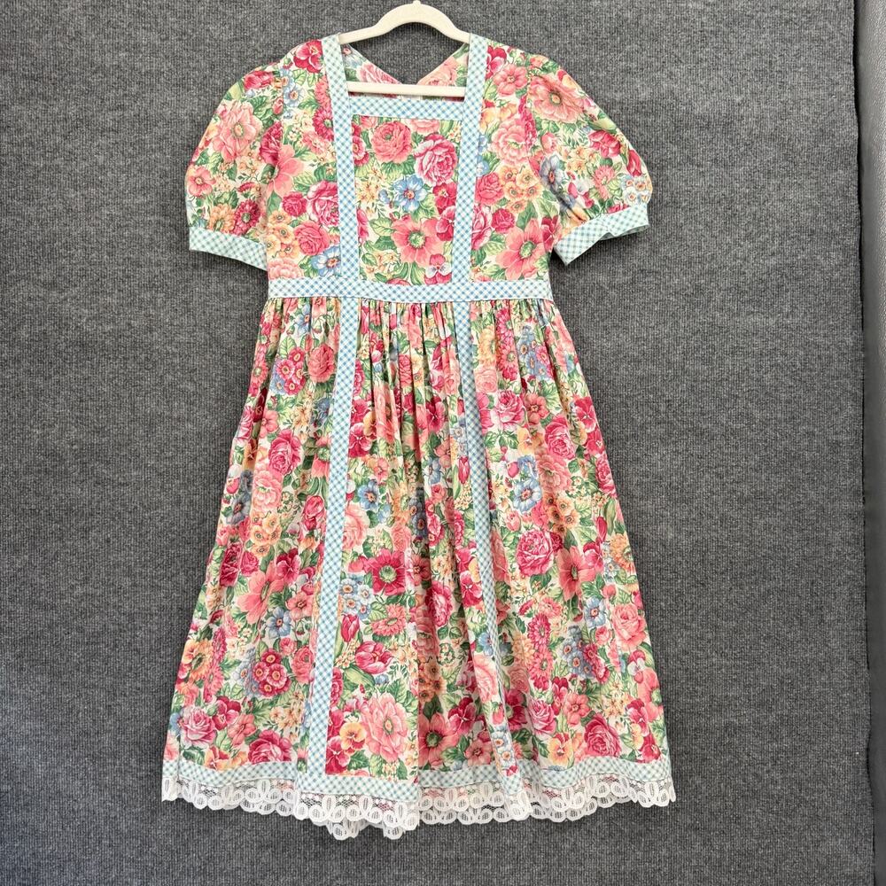 Vintage Rare Editions Girls Midi Dress Size 14 Floral Gingham Union USA Made EUC